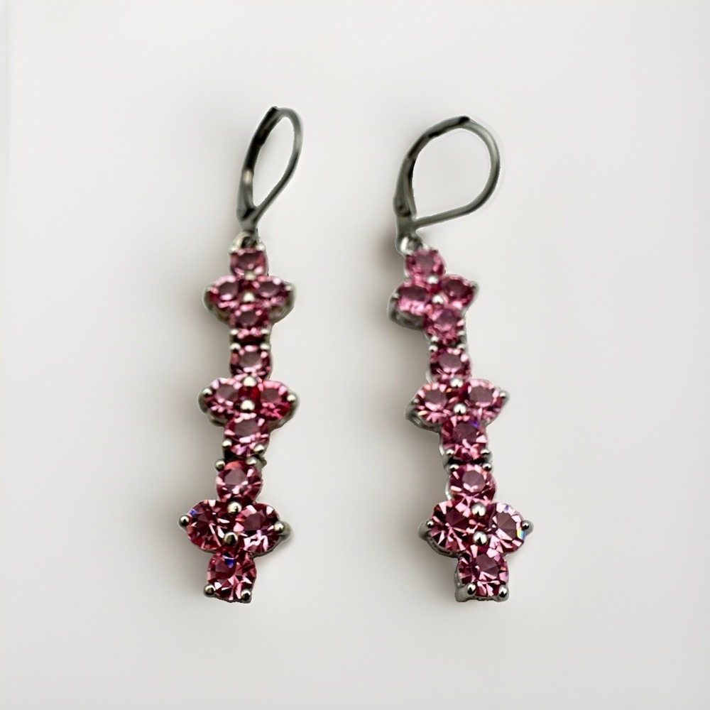 Vintage Pink Rhinestone Clover Drop Earrings Silver Tone Leverback Pageant Style